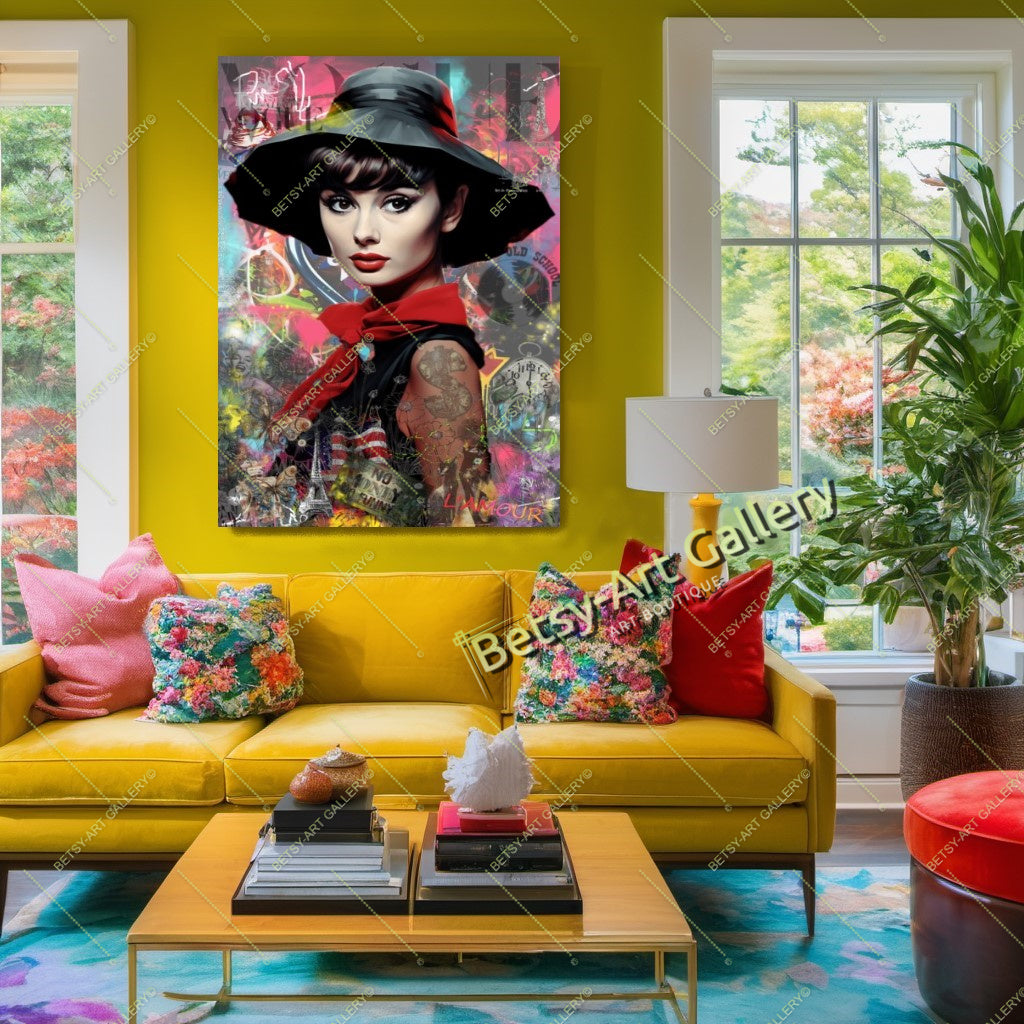 Red Black Drawing Audrey Hepburn - Modern Iconic Pop Art Canvas Print – Large – Oil on Canvas – {{ product.title }} canvas artwork by Tanya Mirelle – modern wall decor – original artwork for home, living room, office, or gallery – original artwork by BETSY-ART GALLERY