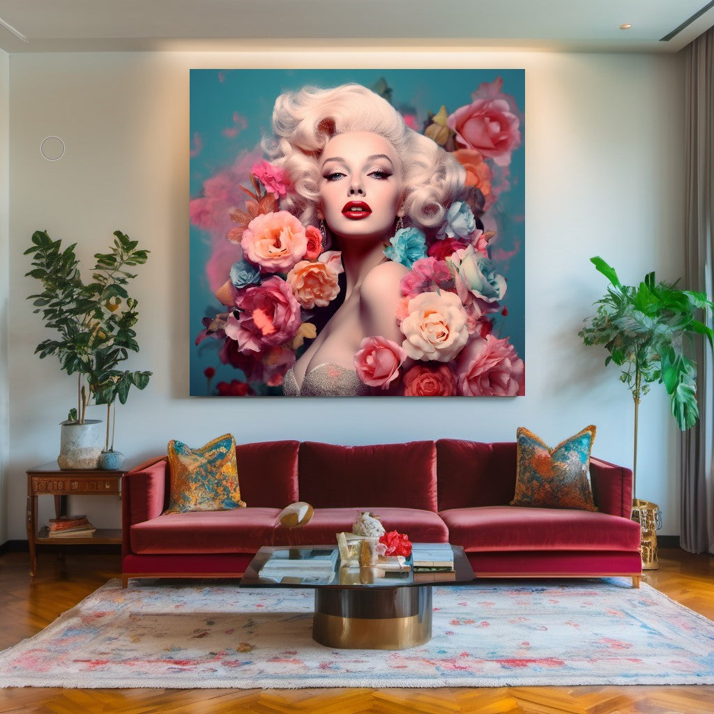 Floral Marilyn Monroe Art - Modern Pop Art Print on Canvas Stretched/Rolled – Large – Oil on Canvas – {{ product.title }} canvas artwork by Tanya Mirelle – modern wall decor – original artwork for home, living room, office, or gallery – original artwork by BETSY-ART GALLERY