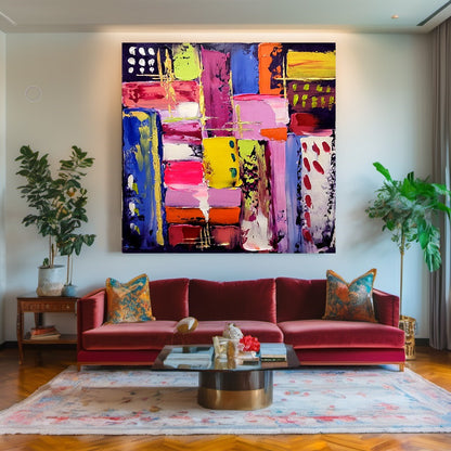 Vibrant Modern Abstract Art for Living room, Geometric Impasto Oil Painting on Canvas, Colorful Handmade Art for sale