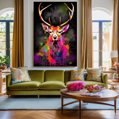 Colorful Deer Canvas Print - Vibrant Abstract Wall Art - Graffiti Animal Wall Decor A