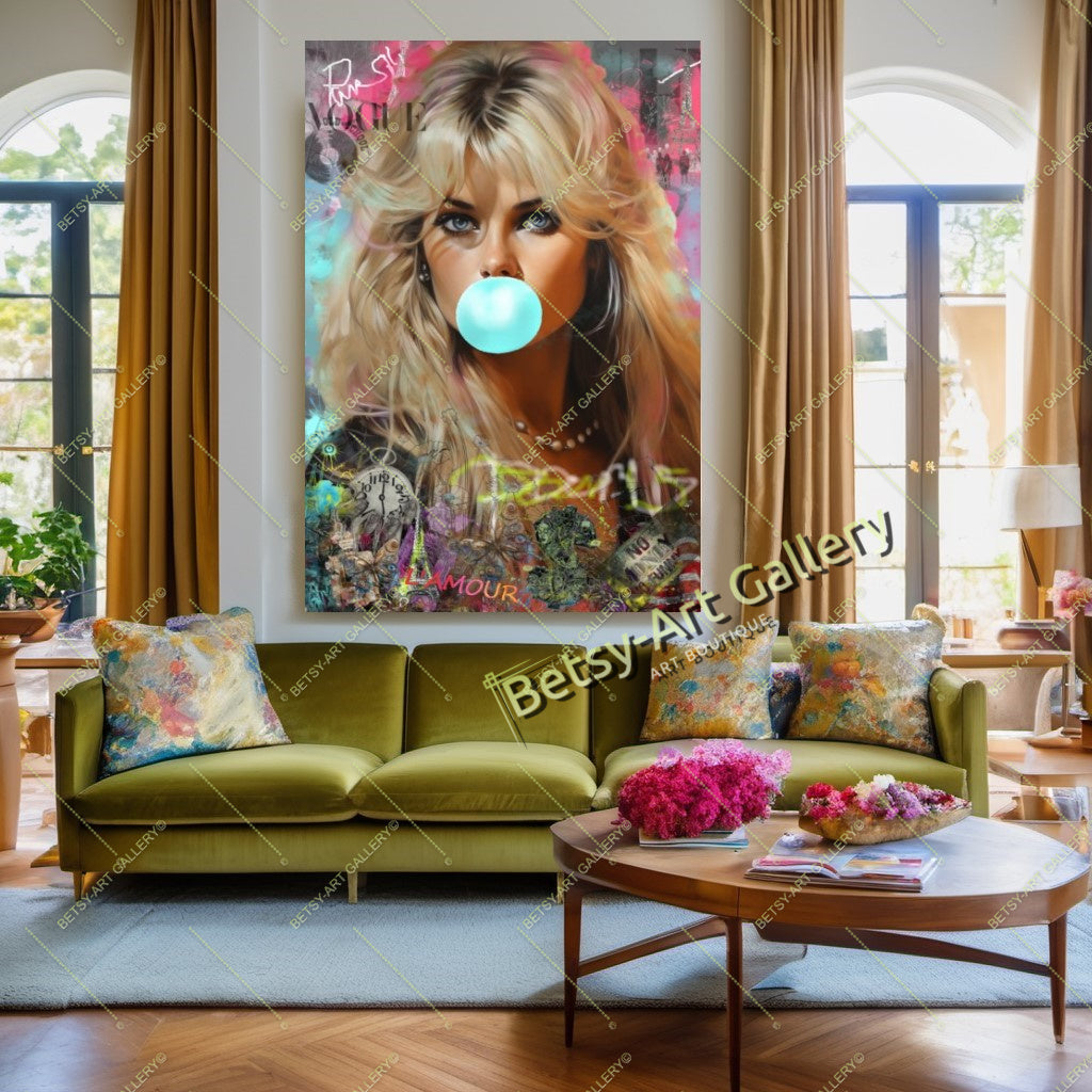 Brigitte Bardot Modern Iconic Pop Art Canvas Print – Large – Oil on Canvas – {{ product.title }} canvas artwork by Tanya Mirelle – modern wall decor – original artwork for home, living room, office, or gallery – original artwork by BETSY-ART GALLERY