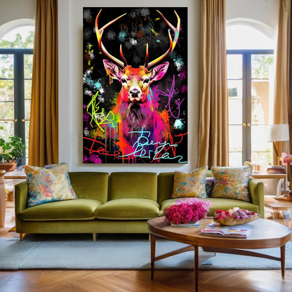 Colorful Deer Canvas Print - Vibrant Abstract Wall Art - Graffiti Animal Wall Decor E