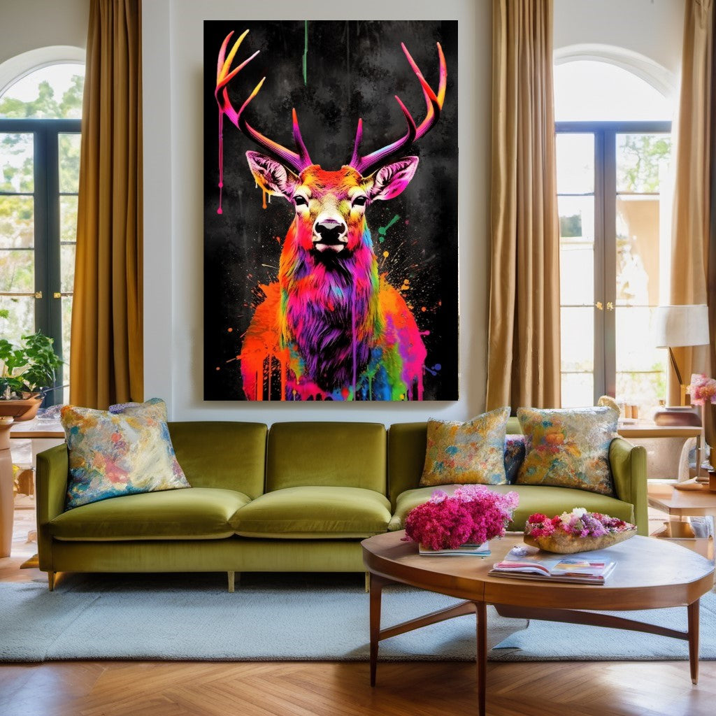 Colorful Deer Canvas Print - Vibrant Abstract Wall Art - Graffiti Animal Wall Decor C