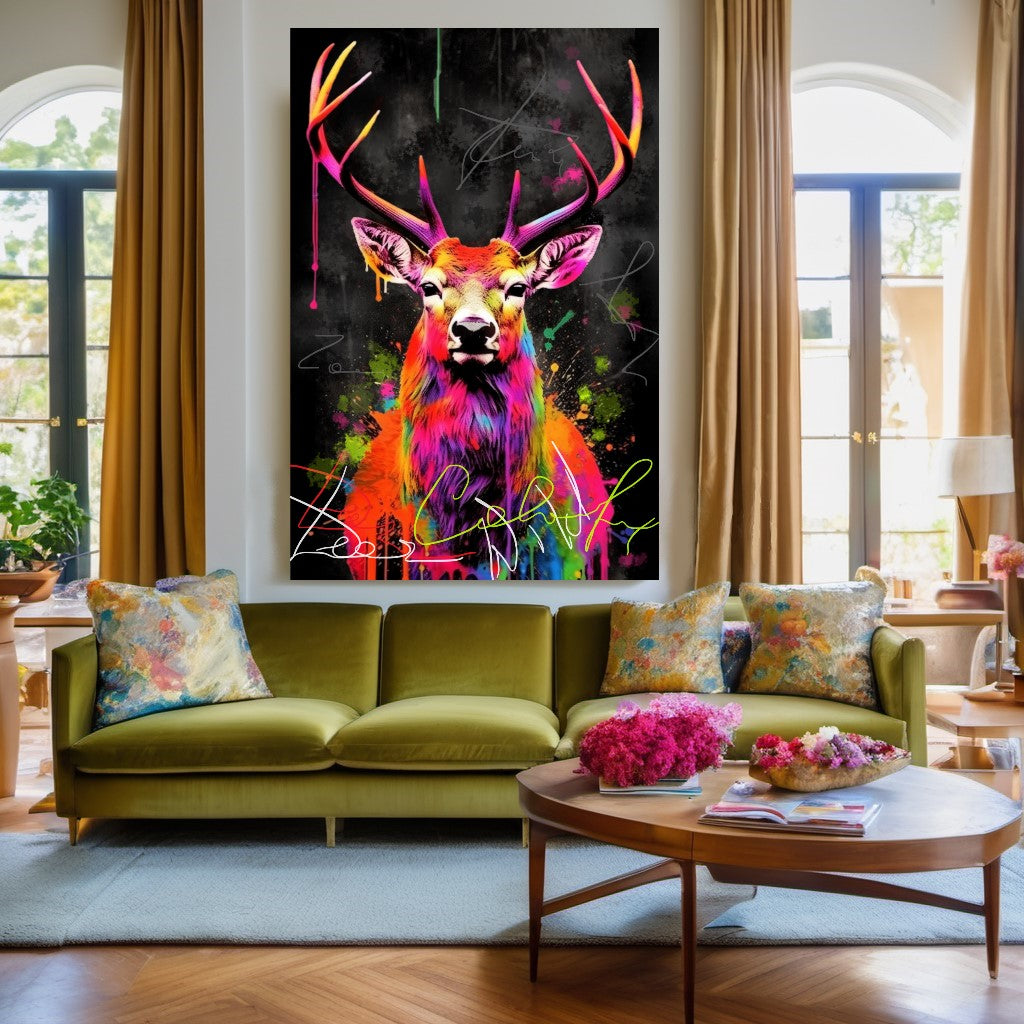 Colorful Deer Canvas Print - Vibrant Abstract Wall Art - Graffiti Animal Wall Decor D