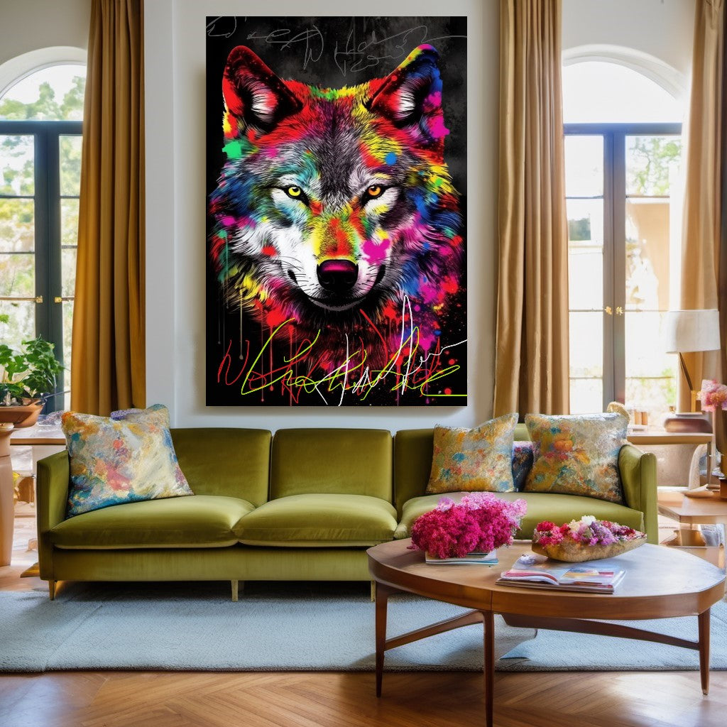 Colorful Wolf Canvas Print - Vibrant Abstract Wall Art - Graffiti Animal Wall Decor