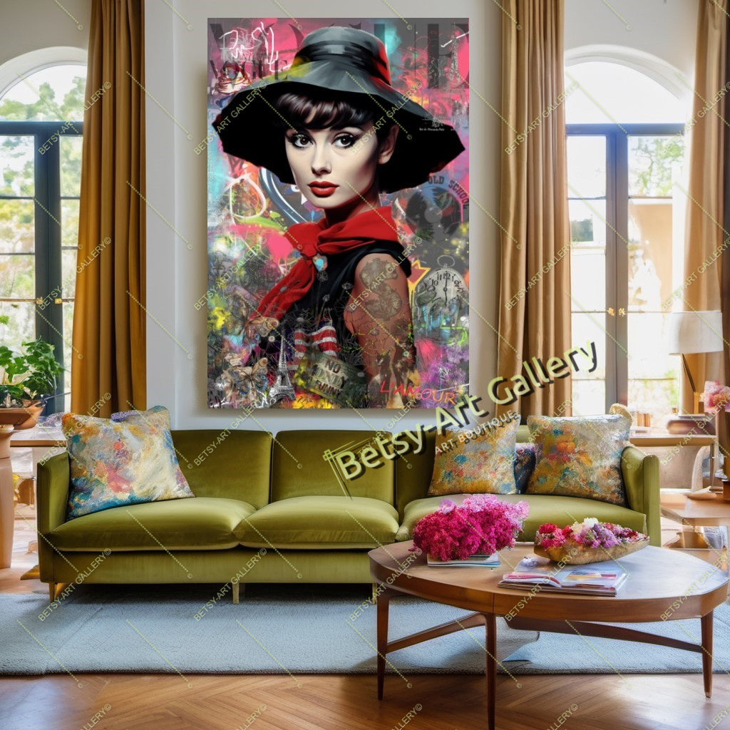 Red Black Drawing Audrey Hepburn - Modern Iconic Pop Art Canvas Print – Large – Oil on Canvas – {{ product.title }} canvas artwork by Tanya Mirelle – modern wall decor – original artwork for home, living room, office, or gallery – original artwork by BETSY-ART GALLERY