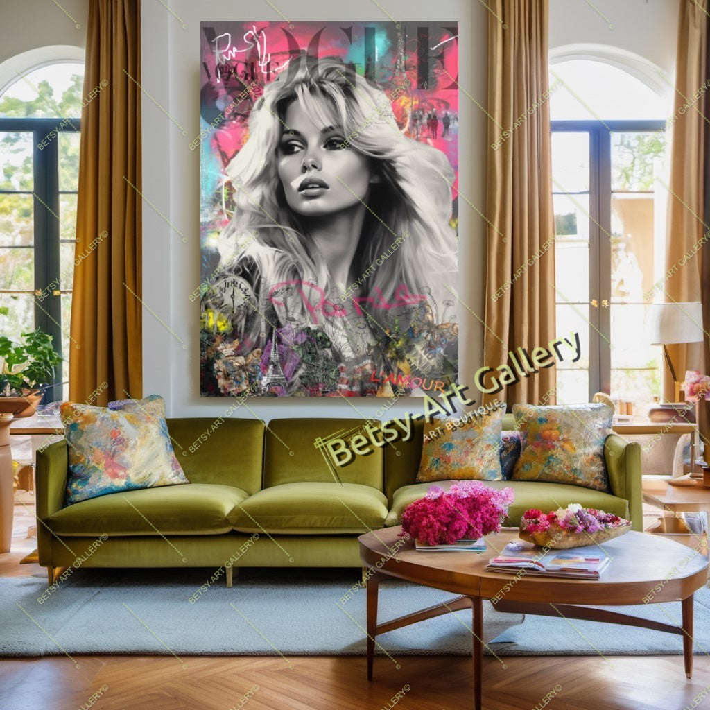 Brigitte Bardot Modern Iconic Pop Art Canvas Print – Large – Oil on Canvas – {{ product.title }} canvas artwork by Tanya Mirelle – modern wall decor – original artwork for home, living room, office, or gallery – original artwork by BETSY-ART GALLERY