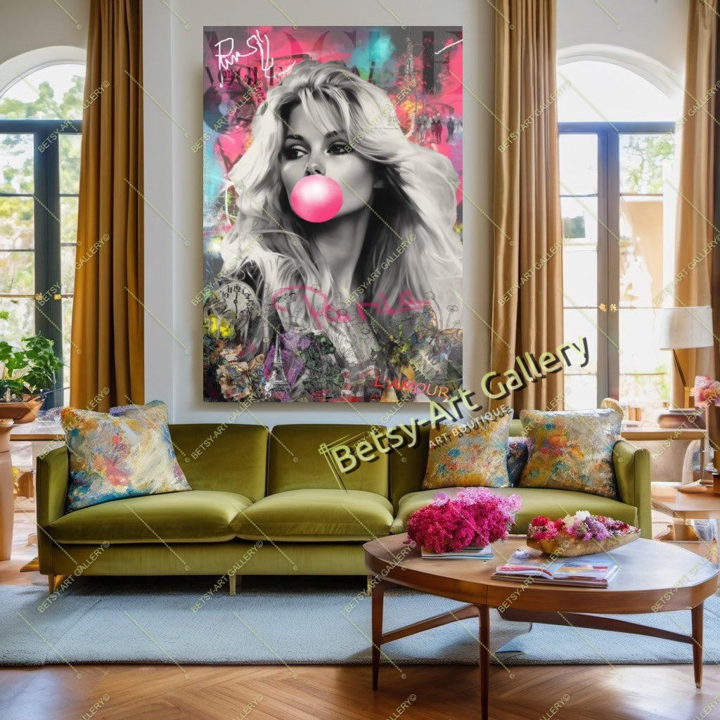 Brigitte Bardot Modern Iconic Pop Art Canvas Print – Large – Oil on Canvas – {{ product.title }} canvas artwork by Tanya Mirelle – modern wall decor – original artwork for home, living room, office, or gallery – original artwork by BETSY-ART GALLERY