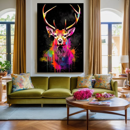 Colorful Deer Canvas Print - Vibrant Abstract Wall Art - Graffiti Animal Wall Decor B