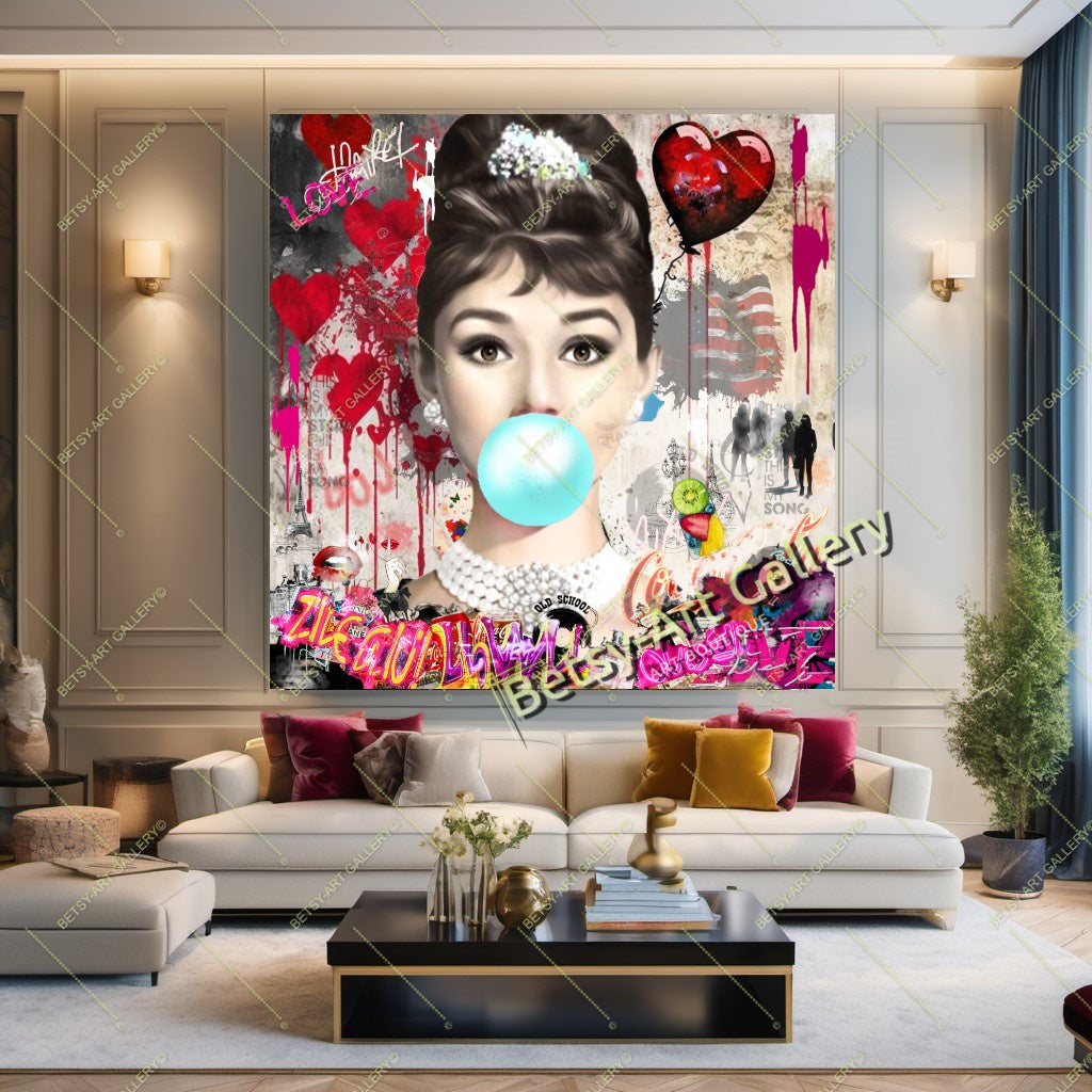 Marilyn, Brigitte, Audrey, Bubble Gum Art, Modern Pop Art Print #1 – Large – Oil on Canvas – {{ product.title }} canvas artwork by Tanya Mirelle – modern wall decor – original artwork for home, living room, office, or gallery – original artwork by BETSY-ART GALLERY