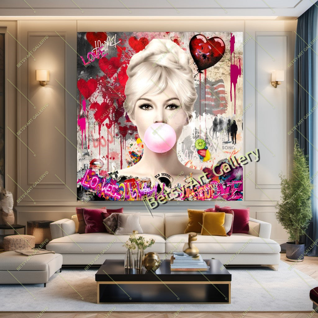 Marilyn, Brigitte, Audrey, Bubble Gum Art, Modern Pop Art Print #1 – Large – Oil on Canvas – {{ product.title }} canvas artwork by Tanya Mirelle – modern wall decor – original artwork for home, living room, office, or gallery – original artwork by BETSY-ART GALLERY