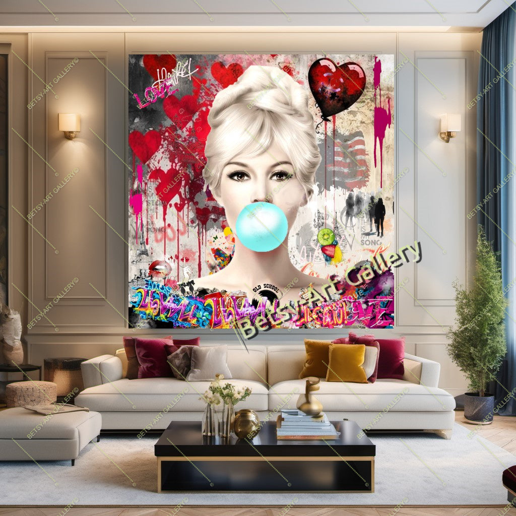 Marilyn, Brigitte, Audrey, Bubble Gum Art, Modern Pop Art Print #1 – Large – Oil on Canvas – {{ product.title }} canvas artwork by Tanya Mirelle – modern wall decor – original artwork for home, living room, office, or gallery – original artwork by BETSY-ART GALLERY