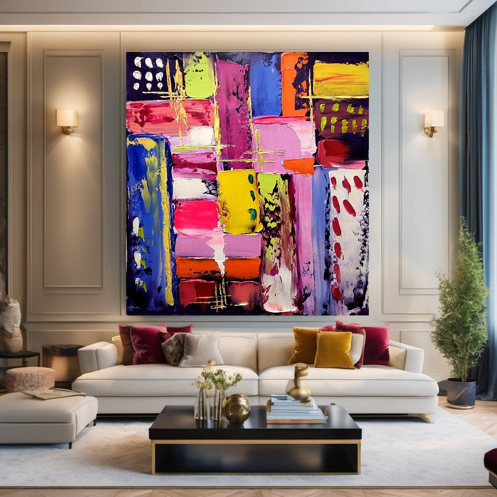 Vibrant Modern Abstract Art for Living room, Geometric Impasto Oil Painting on Canvas, Colorful Handmade Art for sale – Large – Oil on Canvas – {{ product.title }} canvas artwork by Tanya Mirelle – modern wall decor – original artwork for home, living room, office, or gallery – original artwork by BETSY-ART GALLERY