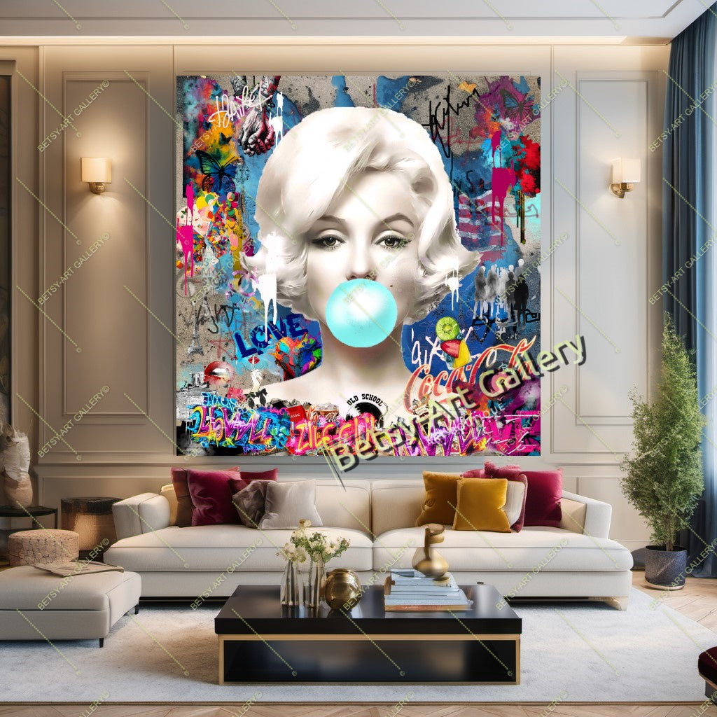 Brigitte, Marilyn, Audrey, Bubble Gum Art, Modern Pop Art Print – Large – Oil on Canvas – {{ product.title }} canvas artwork by Tanya Mirelle – modern wall decor – original artwork for home, living room, office, or gallery – original artwork by BETSY-ART GALLERY