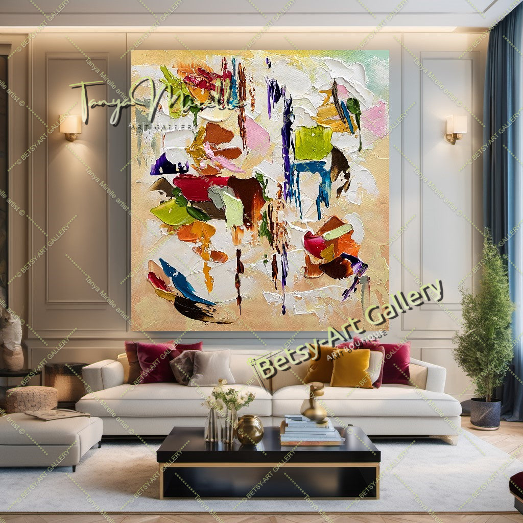 Modern Abstract Painting for Living Room - Colorful Oil Impasto Wall Art on Canvas
