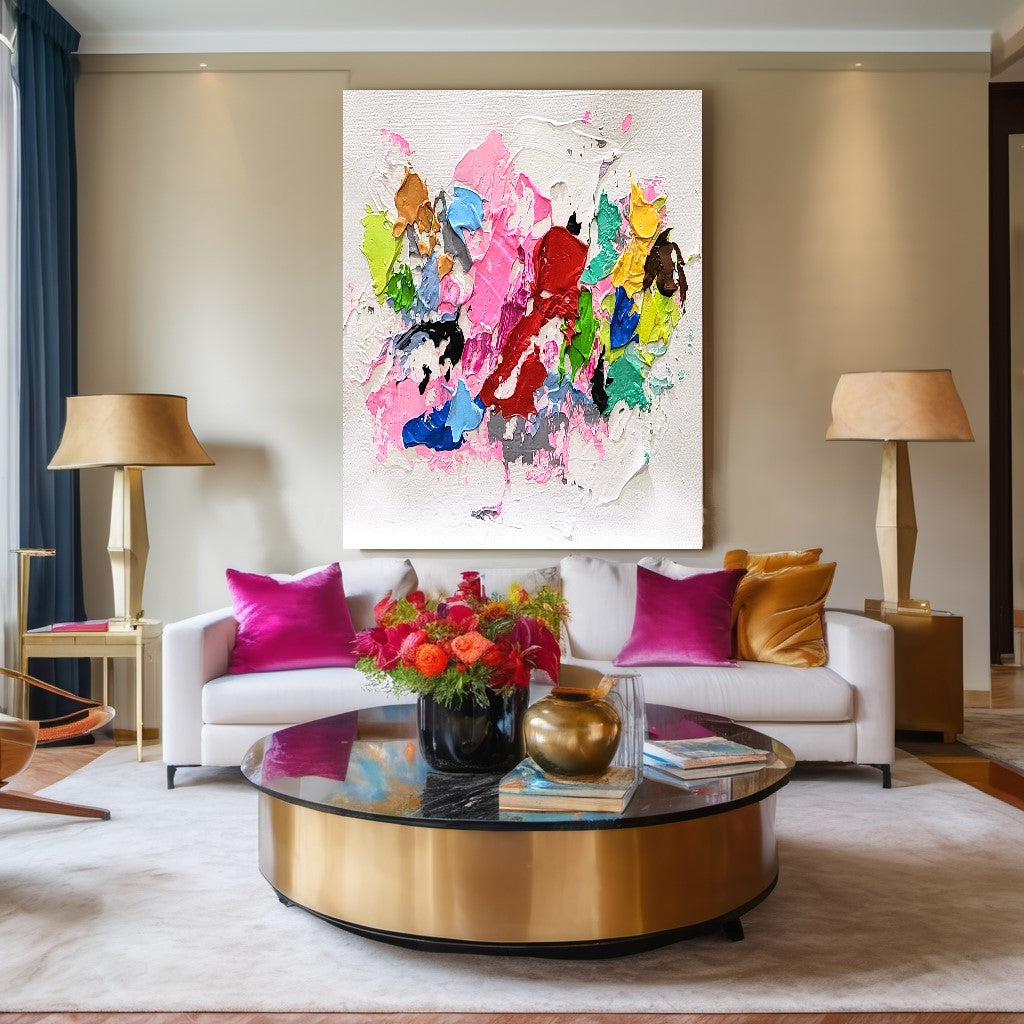Pink Rainbow, Modern Abstract Impasto Oil Painting on Canvas