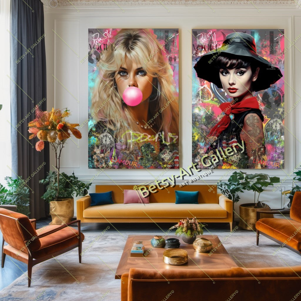 Audrey Hepburn and Brigitte - Modern Iconic Pop Art Canvas Print – Large – Oil on Canvas – {{ product.title }} canvas artwork by Tanya Mirelle – modern wall decor – original artwork for home, living room, office, or gallery – original artwork by BETSY-ART GALLERY