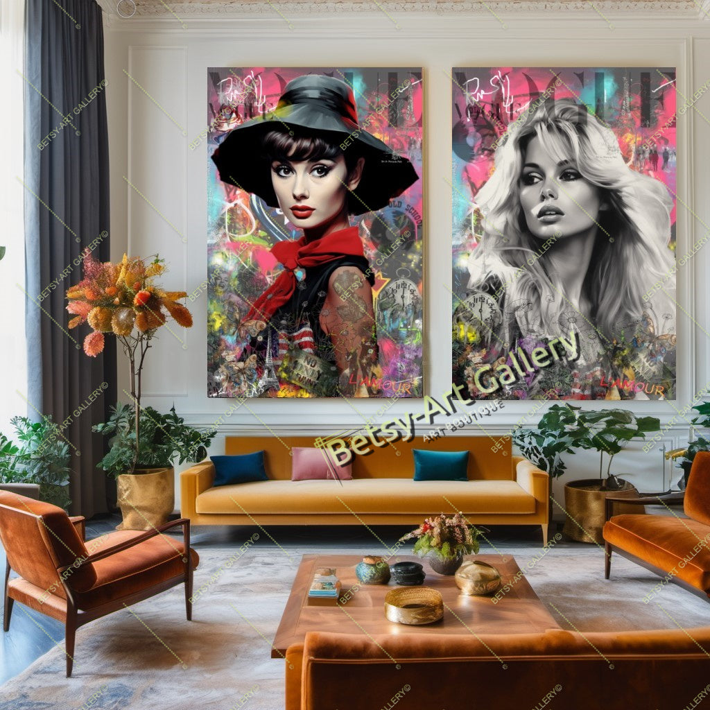 Audrey Hepburn and Brigitte - Modern Iconic Pop Art Canvas Print – Large – Oil on Canvas – {{ product.title }} canvas artwork by Tanya Mirelle – modern wall decor – original artwork for home, living room, office, or gallery – original artwork by BETSY-ART GALLERY