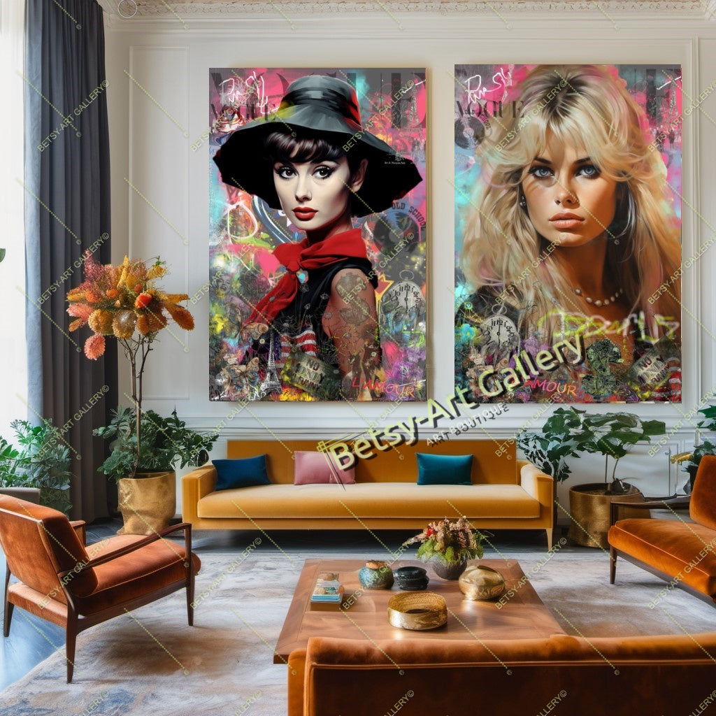 Audrey Hepburn and Brigitte - Modern Iconic Pop Art Canvas Print – Large – Oil on Canvas – {{ product.title }} canvas artwork by Tanya Mirelle – modern wall decor – original artwork for home, living room, office, or gallery – original artwork by BETSY-ART GALLERY