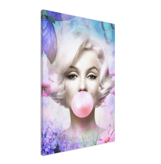 Blue Floral Brigitte Bardot Bubble Gum Art, Modern Pop Art Canvas Print – Large – Oil on Canvas – {{ product.title }} canvas artwork by Tanya Mirelle – modern wall decor – original artwork for home, living room, office, or gallery – original artwork by BETSY-ART GALLERY