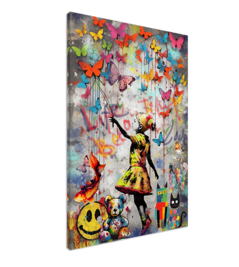 Girl with Heart Balloon and Butterflies- Peace & Love Graffiti Art Print on Canvas