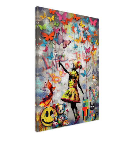 Girl with Heart Balloon and Butterflies- Peace & Love Graffiti Art Print on Canvas