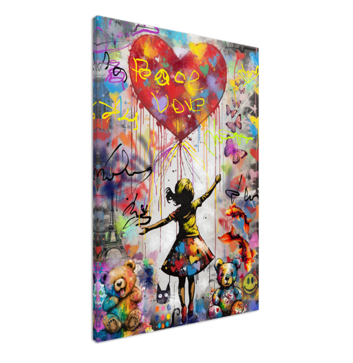 Girl with Heart Balloon and Butterflies- Peace & Love Graffiti Art Print on Canvas