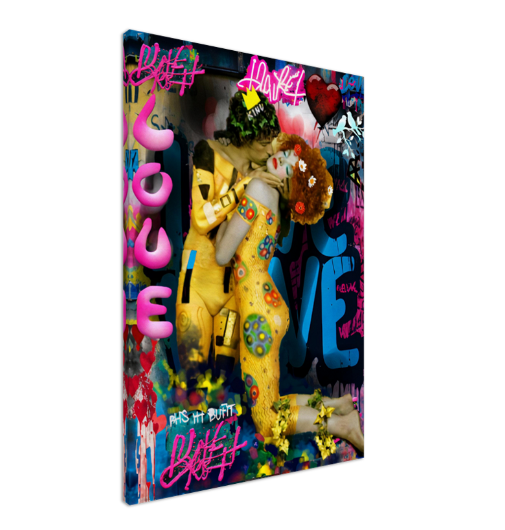 The Kiss by Gustav Klimt - Pop Art Graffiti Canvas Print – Large – Oil on Canvas – {{ product.title }} canvas artwork by Tanya Mirelle – modern wall decor – original artwork for home, living room, office, or gallery – original artwork by BETSY-ART GALLERY