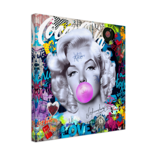 Iconic Marilyn Monroe blowing Bubble Gum, Modern Pop Art Print on Canvas – Large – Oil on Canvas – {{ product.title }} canvas artwork by Tanya Mirelle – modern wall decor – original artwork for home, living room, office, or gallery – original artwork by BETSY-ART GALLERY