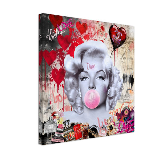 Marilyn Monroe blowing Bubble Gum, Celebreti Portrait, Modern Pop Art Print on Canvas – Large – Oil on Canvas – {{ product.title }} canvas artwork by Tanya Mirelle – modern wall decor – original artwork for home, living room, office, or gallery – original artwork by BETSY-ART GALLERY
