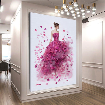 Modern Fashion Art Print on Canvas, Perfume Woman, Pink Petal Floral Woman Art