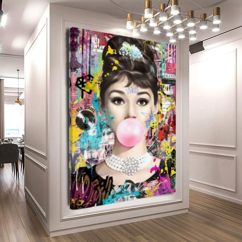 Audrey Hepburn Bubble Gum Art - Vibrant Pop Art Canvas Print – Large – Oil on Canvas – {{ product.title }} canvas artwork by Tanya Mirelle – modern wall decor – original artwork for home, living room, office, or gallery – original artwork by BETSY-ART GALLERY
