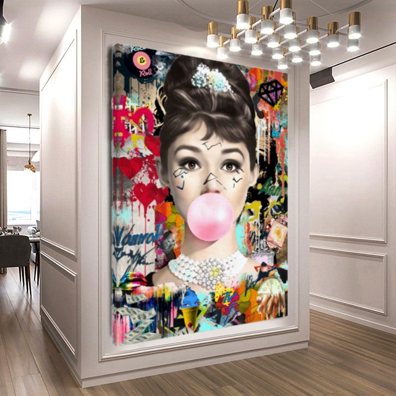 Audrey Hepburn Bubble Gum Art - Vibrant Pop Art Canvas Print – Large – Oil on Canvas – {{ product.title }} canvas artwork by Tanya Mirelle – modern wall decor – original artwork for home, living room, office, or gallery – original artwork by BETSY-ART GALLERY
