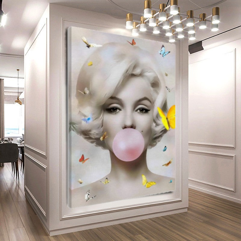 Floral Marilyn Monroe Bubble Gum Art, Modern Pop Art Canvas Print – Large – Oil on Canvas – {{ product.title }} canvas artwork by Tanya Mirelle – modern wall decor – original artwork for home, living room, office, or gallery – original artwork by BETSY-ART GALLERY