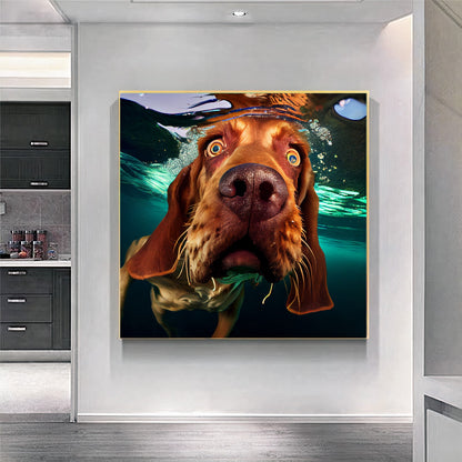 Underwater Dog Photography Canvas - Playful Modern Pet Art - Unique Wall Decor for Animal Lovers