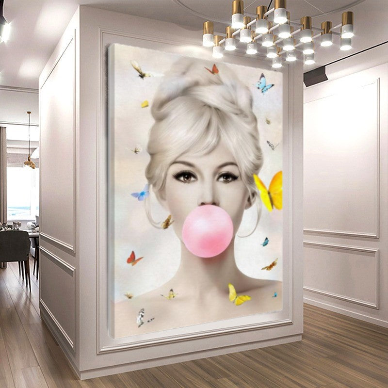 Floral Marilyn Monroe Bubble Gum Art, Modern Pop Art Canvas Print – Large – Oil on Canvas – {{ product.title }} canvas artwork by Tanya Mirelle – modern wall decor – original artwork for home, living room, office, or gallery – original artwork by BETSY-ART GALLERY