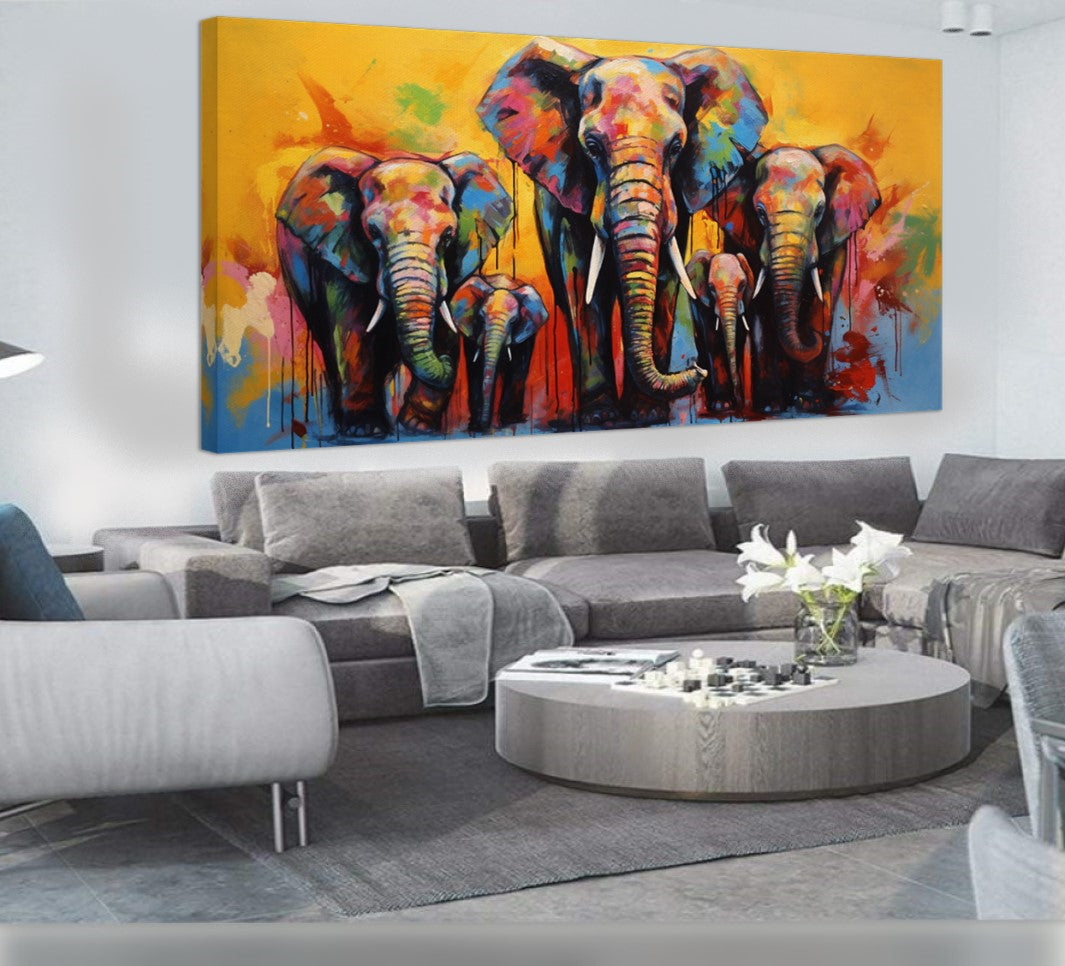 Vibrant Elephant Family - Colorful Canvas Art, Modern Prin on Canvas