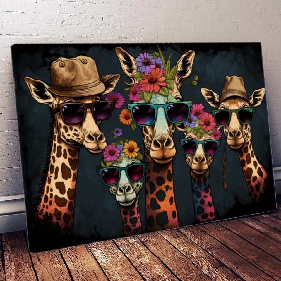 Vivid Colorful Family of Giraffes in Sunglasses - Fun Pop Art Canvas Print