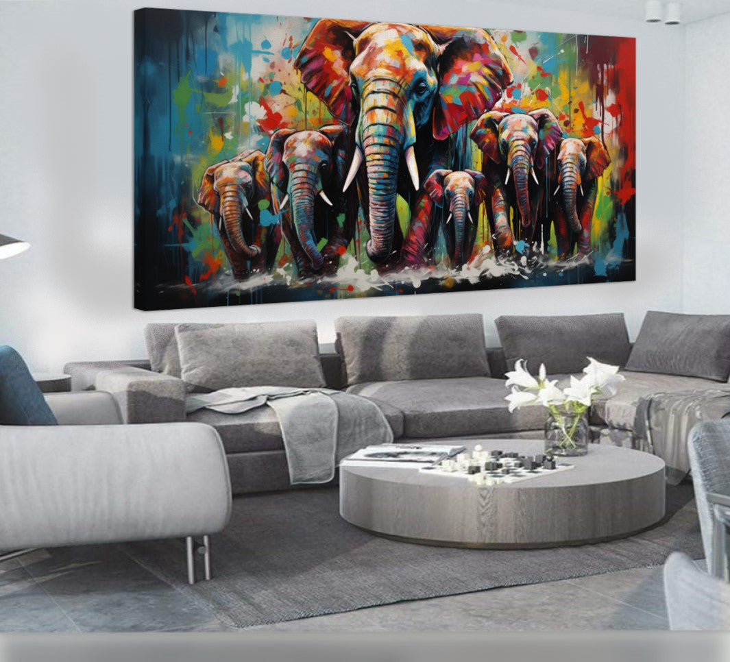 Vibrant Elephant Family - Colorful Canvas Art, Modern Prin on Canvas