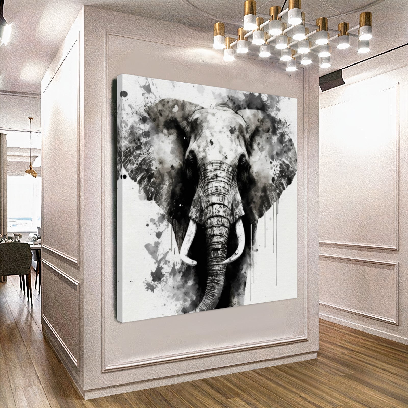 Large Print on Canvas, Black White Elephant, Watercolor Art Work