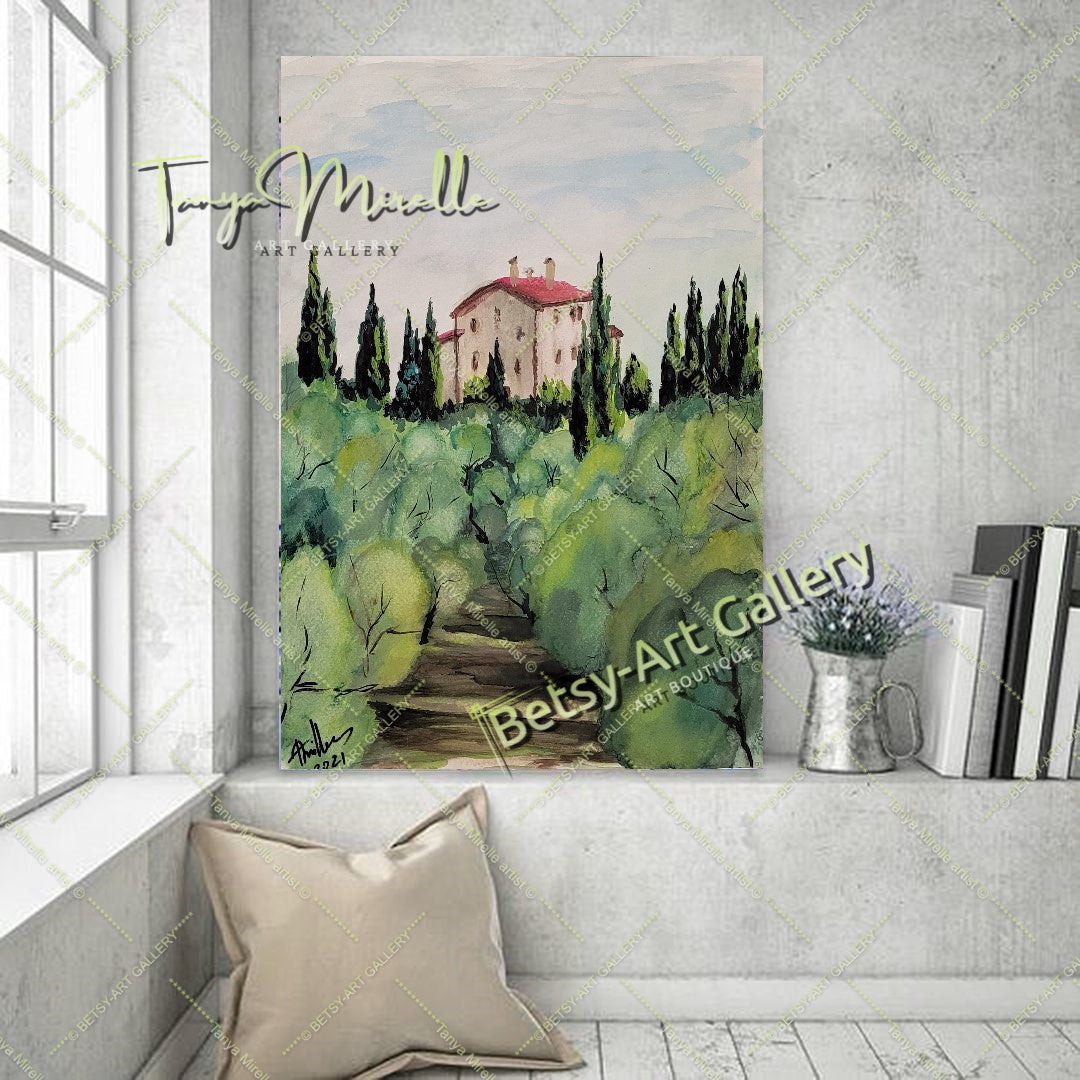Olive Garden Watercolor Painting, Original Wall Art, No Frame {{ shop_name }}watercolor art print birthday gift blooming garden art botanical print colorful painting floral art floral painting garden painting gift for mom mediterranean art nature painting olive garden painting paper painting small painting wall art home decor watercolor floral watercolor flowers watercolor landscape watercolor painting wildflowers painting