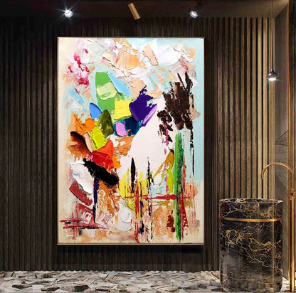 Modern Abstract Wall Art, Large Colorful Impasto Oil Painting on Canvas for Living Room