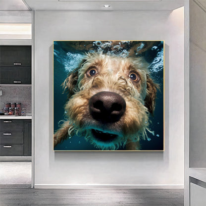 Underwater Dog Photography Canvas - Playful Modern Pet Art - Unique Wall Decor for Animal Lovers