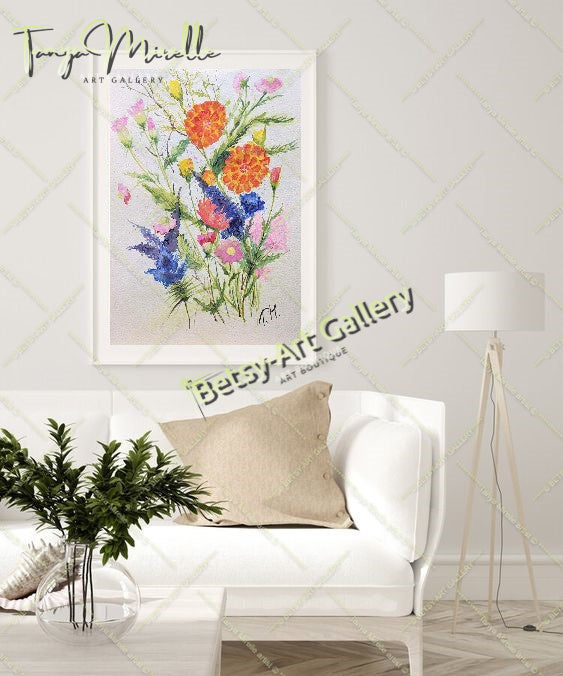 Botanical Flowers Wall Art, Watercolor Painting of Mediterranean – Large – Oil on Canvas – {{ product.title }} canvas artwork by Tanya Mirelle – modern wall decor – original artwork for home, living room, office, or gallery – original artwork by BETSY-ART GALLERY