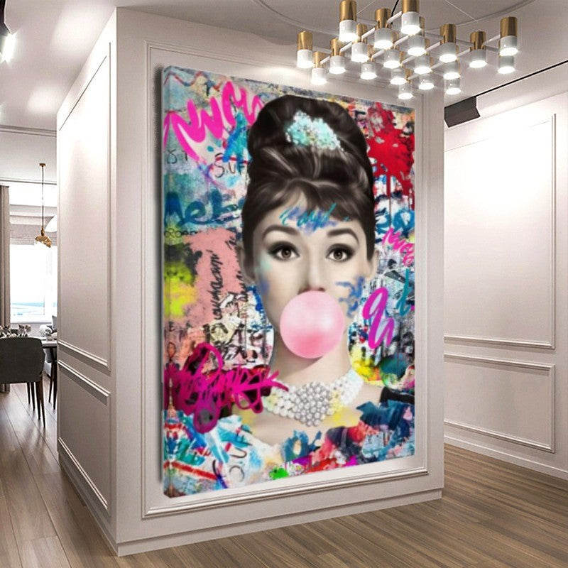 Audrey Hepburn Bubble gum Pop Art - Large Canvas Print - Retro Hollywood Print A