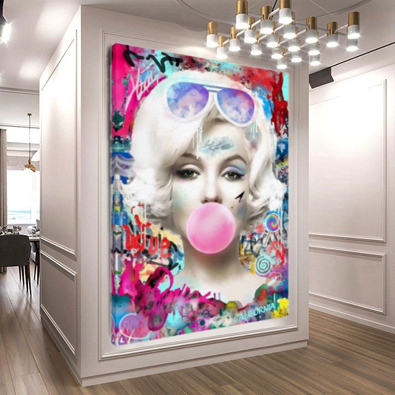 Graffiti Brigitte Bardot Bubble Gum Art, Modern Pop Art Canvas Print – Large – Oil on Canvas – {{ product.title }} canvas artwork by Tanya Mirelle – modern wall decor – original artwork for home, living room, office, or gallery – original artwork by BETSY-ART GALLERY