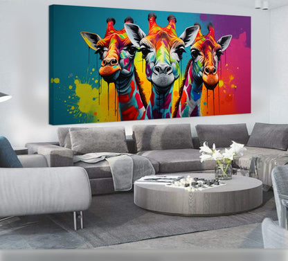 Vibrant Giraffe Family Canvas Art - Colorful Giraffes on Abstract Background, Modern Prin on Canvas