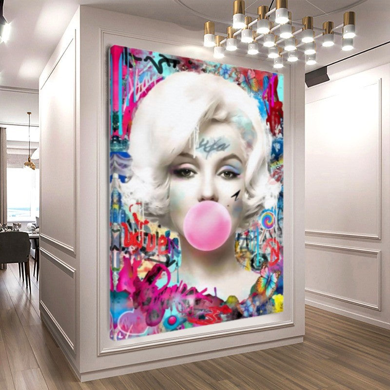 Graffiti Brigitte Bardot Bubble Gum Art, Modern Pop Art Canvas Print – Large – Oil on Canvas – {{ product.title }} canvas artwork by Tanya Mirelle – modern wall decor – original artwork for home, living room, office, or gallery – original artwork by BETSY-ART GALLERY