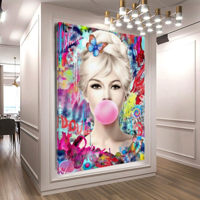 Graffiti Brigitte Bardot Bubble Gum Art, Modern Pop Art Canvas Print – Large – Oil on Canvas – {{ product.title }} canvas artwork by Tanya Mirelle – modern wall decor – original artwork for home, living room, office, or gallery – original artwork by BETSY-ART GALLERY