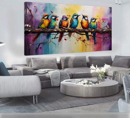 Colorful Birds on Branch - Vibrant Family of Birds Canvas Art, Modern Prin on Canvas